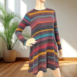 Elan Stripe Long Sleeve Sweater Dress Multicolor Small